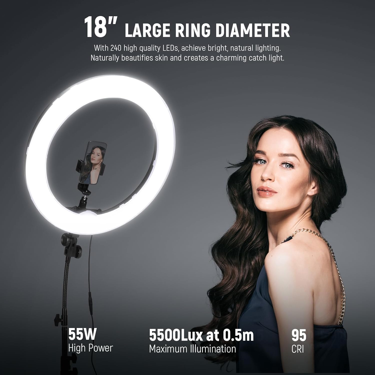 NEEWER Ring Light 18inch Kit: 55W 5600K Professional LED with Stand and Phone Holder, Soft Tube & Bag for Tattoo Lash Extension Barber Makeup Artist Studio Video Photography Lighting, RL-18-2