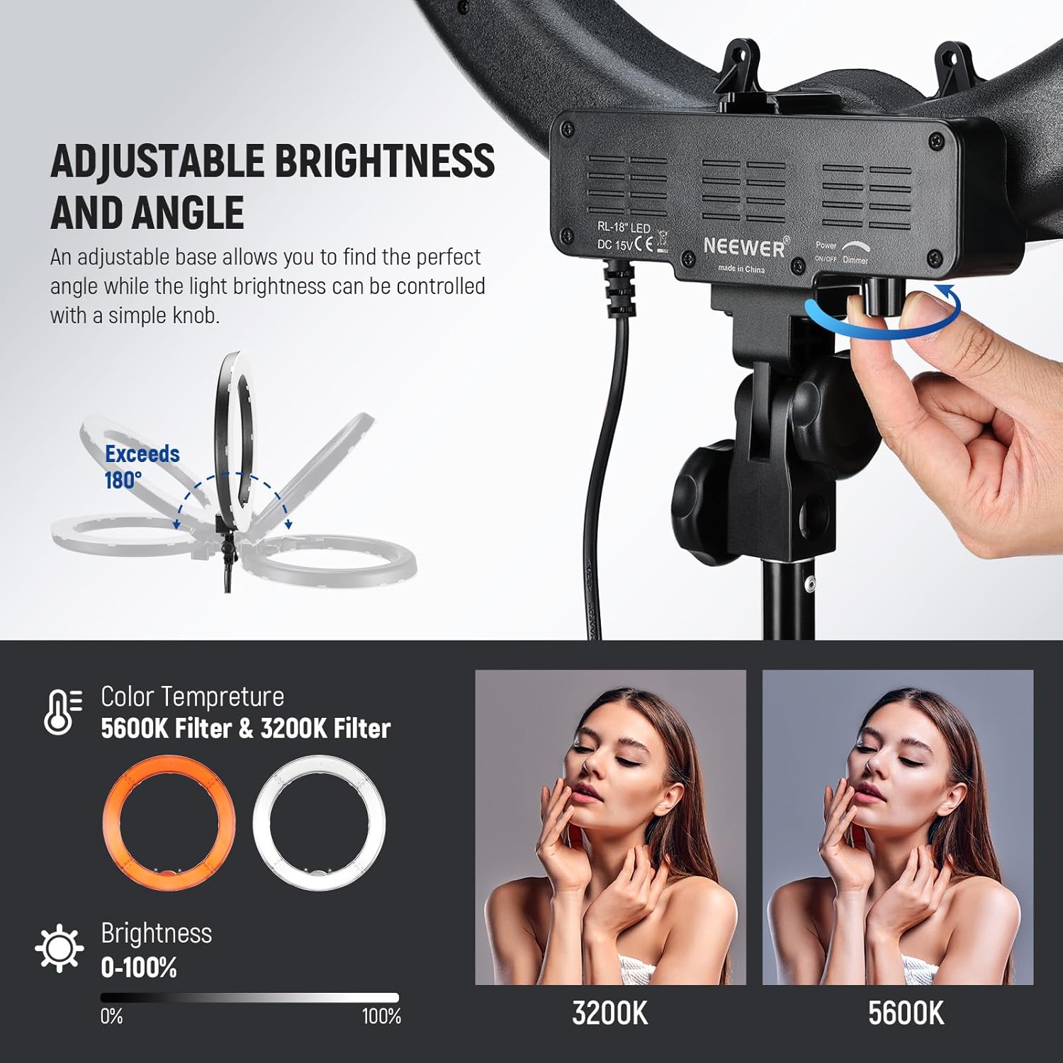 NEEWER Ring Light 18inch Kit: 55W 5600K Professional LED with Stand and Phone Holder, Soft Tube & Bag for Tattoo Lash Extension Barber Makeup Artist Studio Video Photography Lighting, RL-18-3