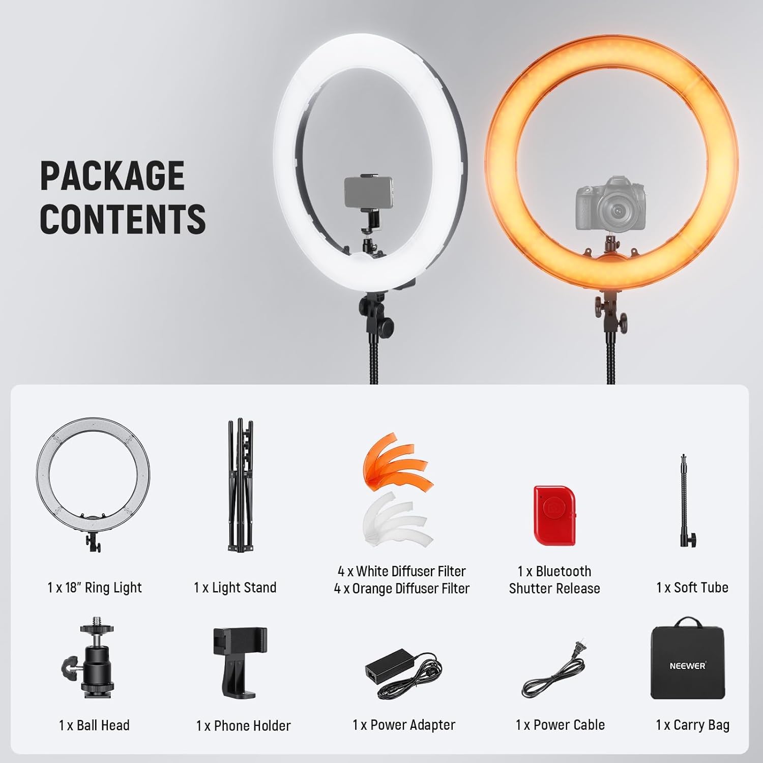 NEEWER Ring Light 18inch Kit: 55W 5600K Professional LED with Stand and Phone Holder, Soft Tube & Bag for Tattoo Lash Extension Barber Makeup Artist Studio Video Photography Lighting, RL-18-8