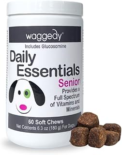 waggedy Daily Essentials Senior Soft Chews with Glucosamine — Pet Supplies for Digestion and Joint Health — Dog Multivitamin Treats for Overall Defense — Dog Vitamins and Supplements (60 Chews)