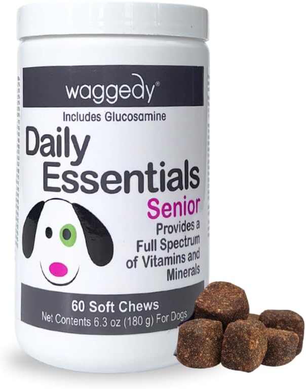 waggedy Daily Essentials Senior Soft Chews with Glucosamine — Pet Supplies for Digestion and Joint Health — Dog Multivitamin Treats for Overall Defense — Dog Vitamins and Supplements (60 Chews)-0