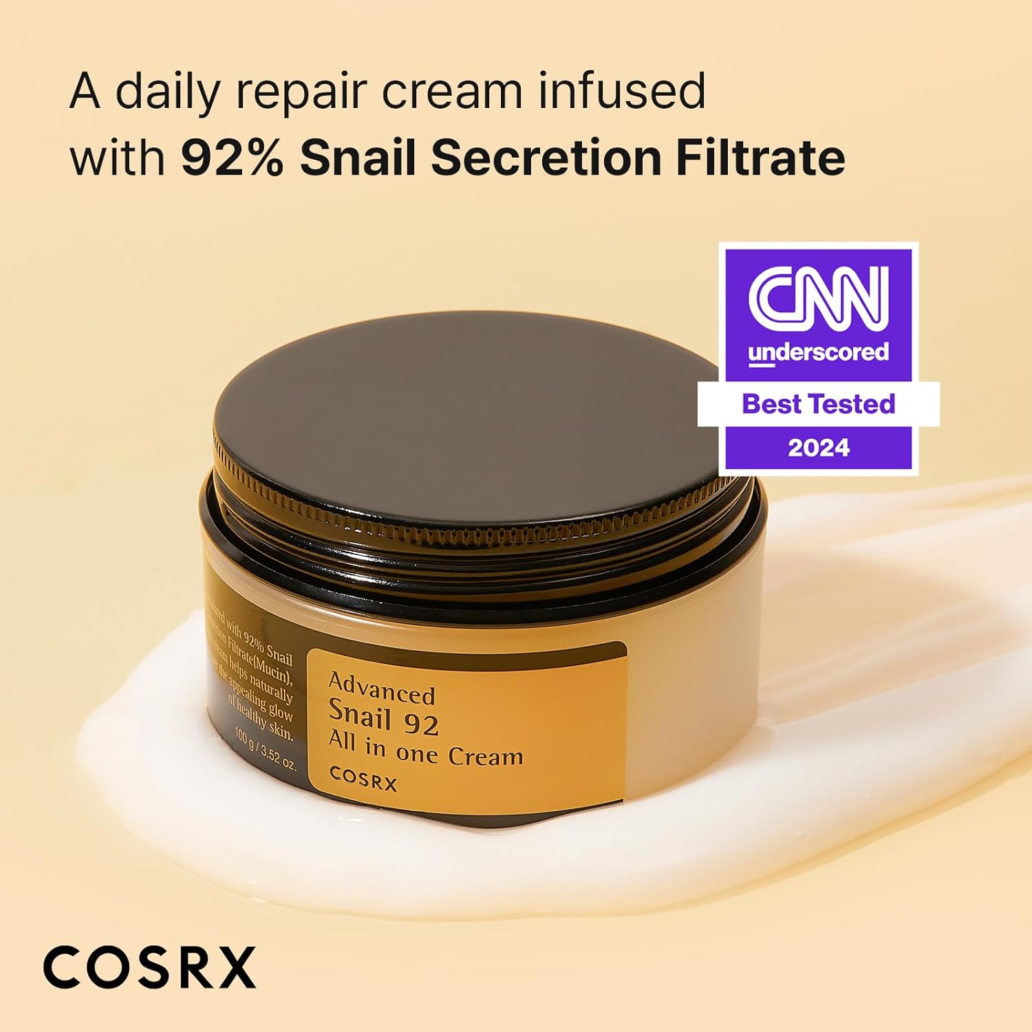 COSRX Snail Mucin 92% Repair Cream, Daily Face Gel Moisturizer for Dry Skin, Acne-prone, Sensitive Skin, Not Tested on Animals, No Parabens, Korean Skincare (3.52 Fl Oz (Pack of 1))-1