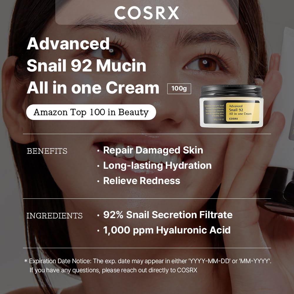 COSRX Snail Mucin 92% Repair Cream, Daily Face Gel Moisturizer for Dry Skin, Acne-prone, Sensitive Skin, Not Tested on Animals, No Parabens, Korean Skincare (3.52 Fl Oz (Pack of 1))-2