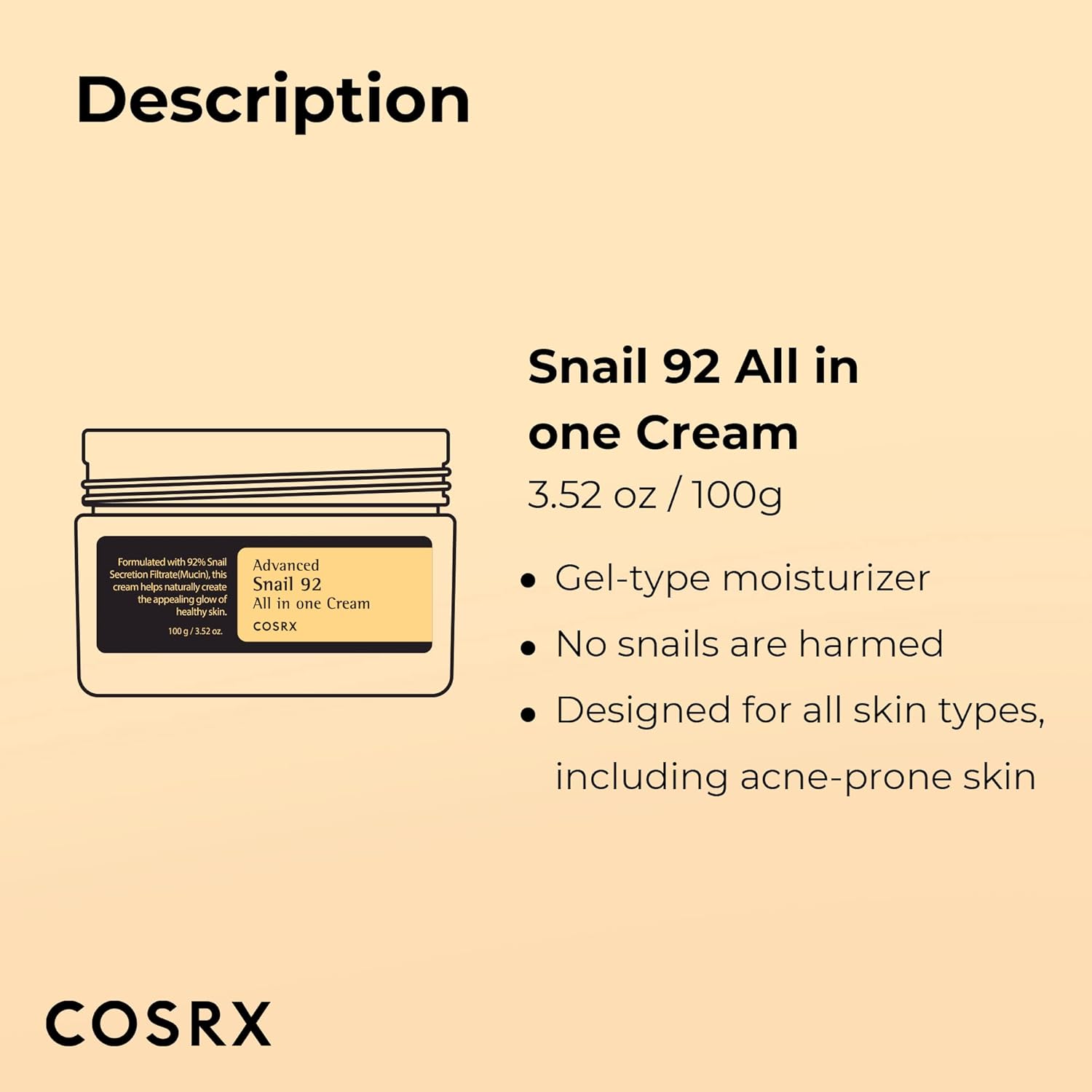 COSRX Snail Mucin 92% Repair Cream, Daily Face Gel Moisturizer for Dry Skin, Acne-prone, Sensitive Skin, Not Tested on Animals, No Parabens, Korean Skincare (3.52 Fl Oz (Pack of 1))-4