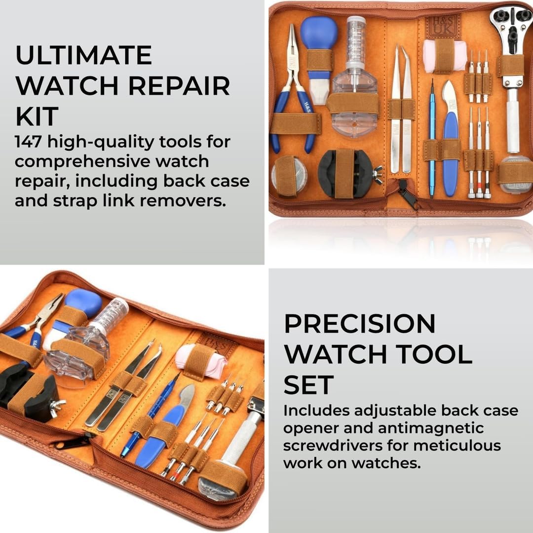 H&S Watch Repair Tool Kit with Anti-Magnetic Stainless Steel Tweezers - 147pcs Watch Strap Adjustment & Link Removal Tools - Watch Battery Replacement Tool Kit with Case-1