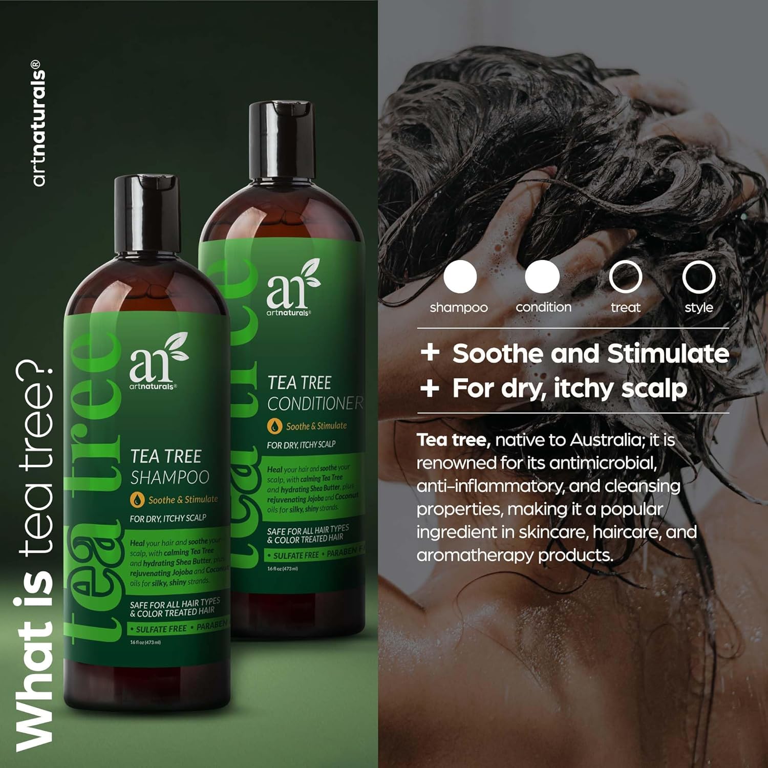 artnaturals Tea Tree Shampoo and Conditioner Set - (2 x 16 Fl Oz / 473ml) – Sulfate Free – Therapeutic Grade Tea Tree Essential Oil - Deep Cleansing for Dandruff, Lice, Dry Scalp and Itchy Hair-0