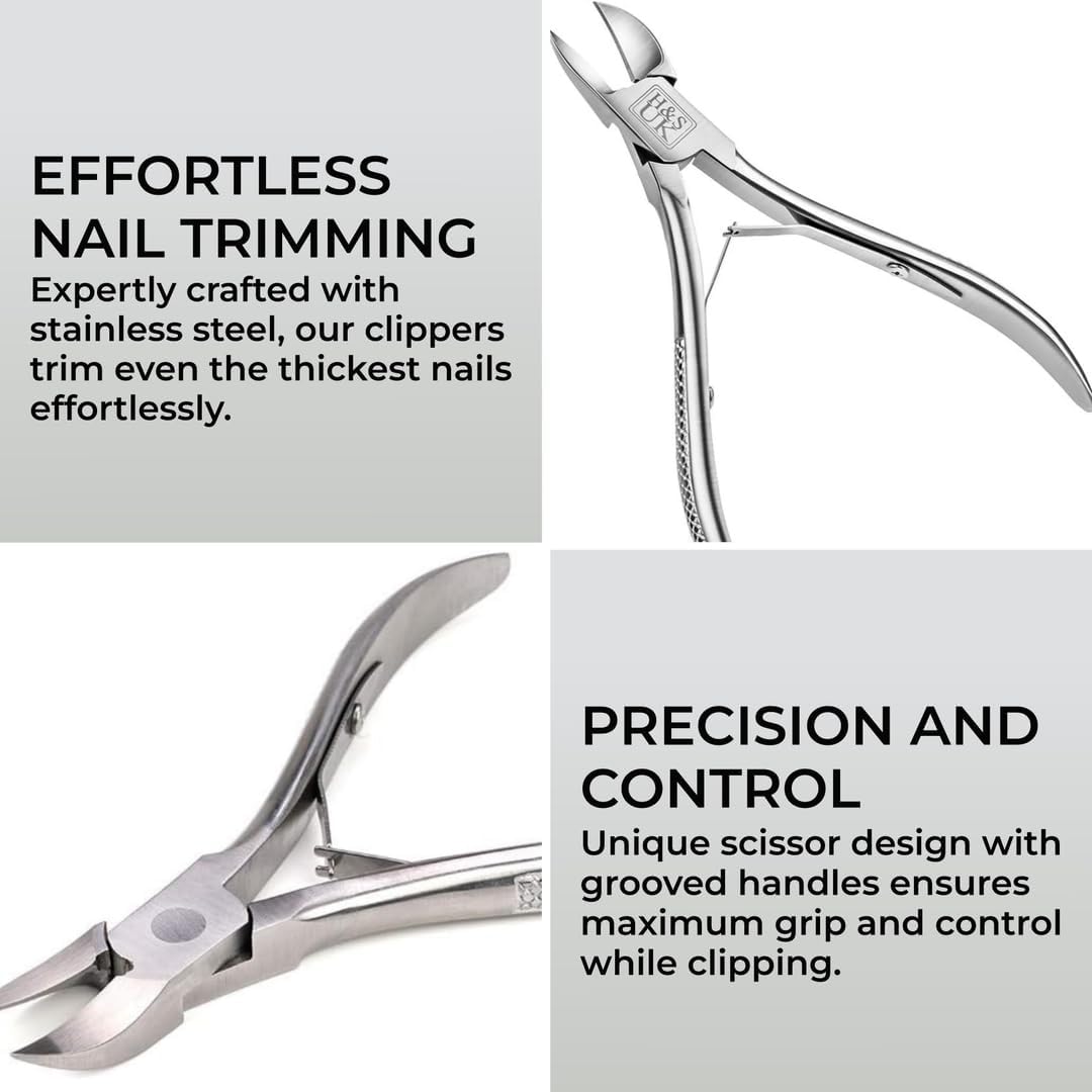 H&S Stainless Steel Toenail Cutter for Men & Women - Premium Toe Nail Clipper with Grooved Handles & Plastic Cap - Toenail Clipper with Curved Shaped and A Carry Case-1