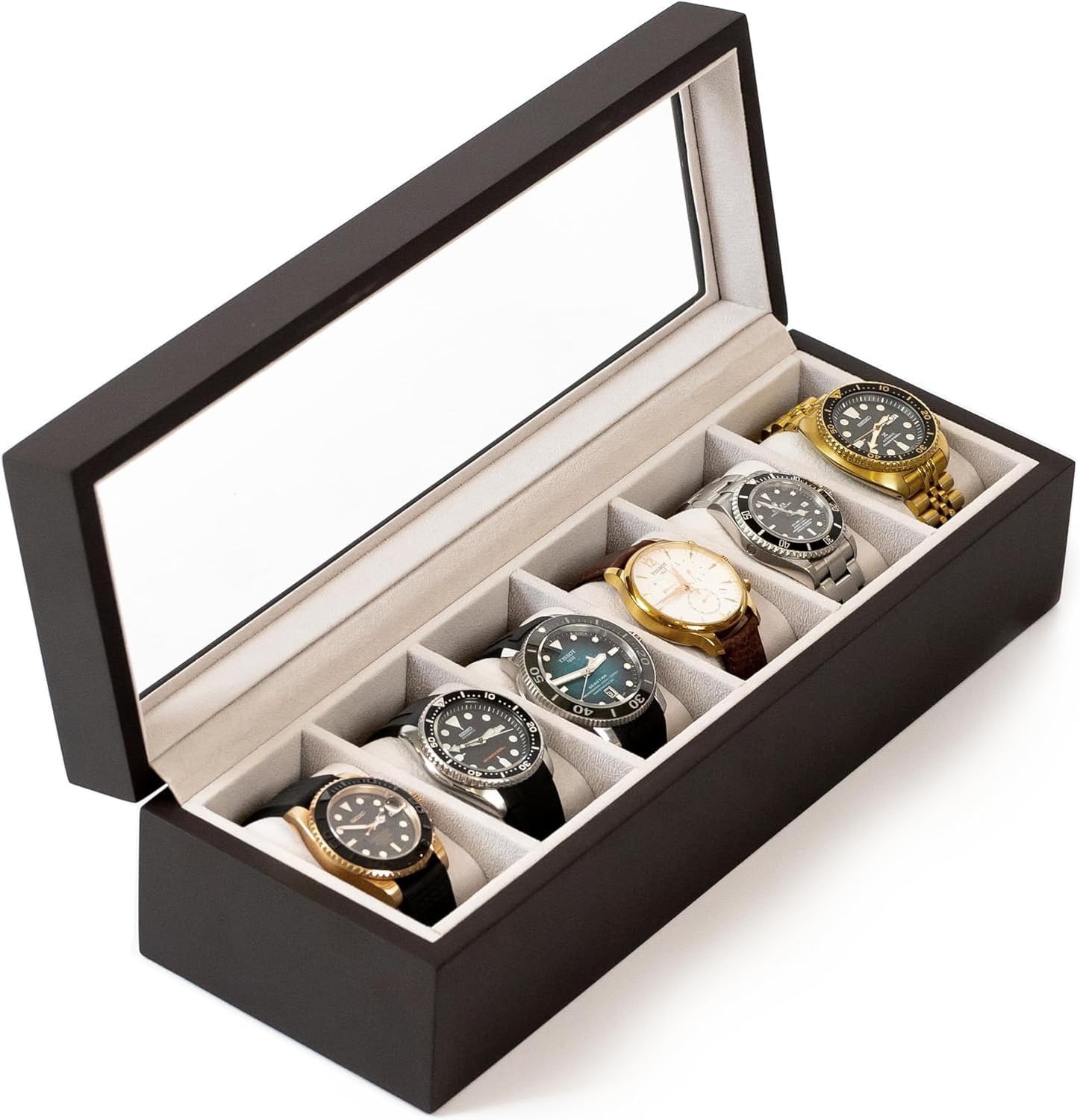 CASE ELEGANCE Solid Espresso Wood Watch Box Organizer with Glass Display Top-0