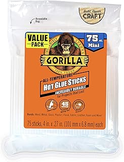 Gorilla Hot Glue Sticks, Mini Size, 4" Long x .27" Diameter, 75 Count, Clear, (Pack of 1)