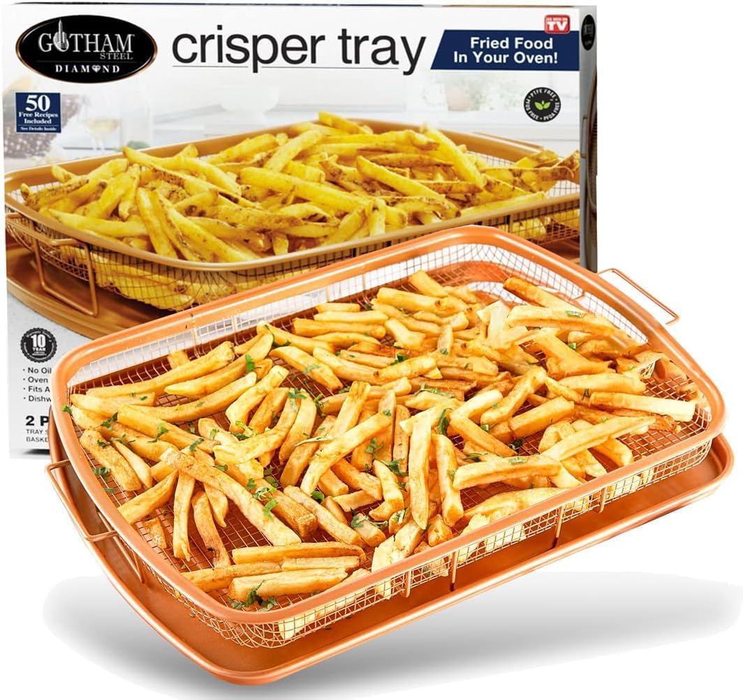 Gotham Steel Crisper Tray for Oven, 2 Piece Nonstick Copper Crisper Tray and Basket, Air Fry in your Oven, Great for Baking and Crispy Foods, As Seen on TV – Extra Large Size, 13.4” x 11.4”-0