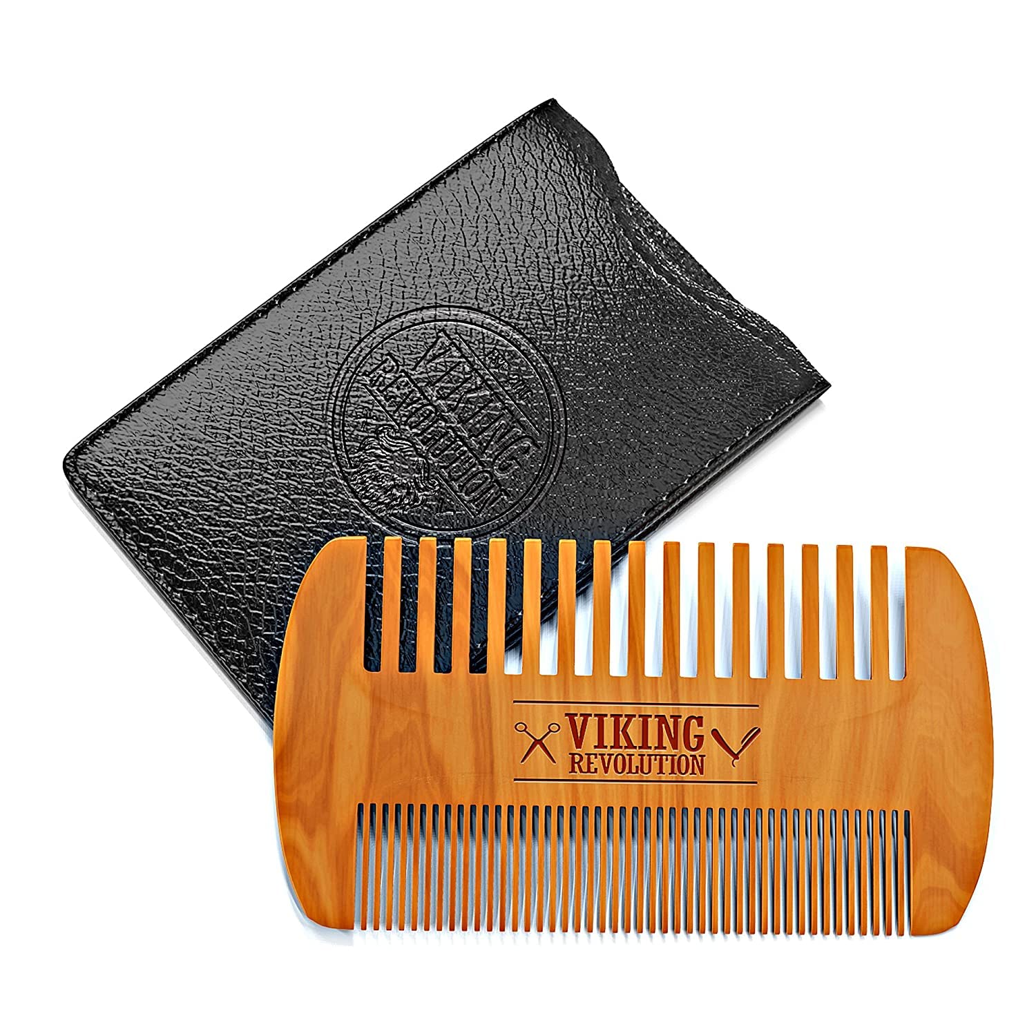 Wooden Beard Comb & Case, Dual Action Fine & Coarse Teeth, Perfect for use with Balms and Oils, Top Pocket Comb for Beards & Mustaches by Viking Revolution-0