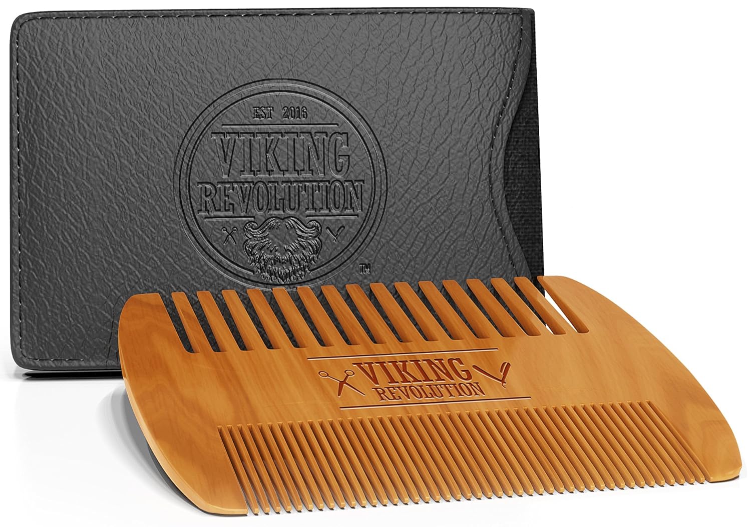 Wooden Beard Comb & Case, Dual Action Fine & Coarse Teeth, Perfect for use with Balms and Oils, Top Pocket Comb for Beards & Mustaches by Viking Revolution-3