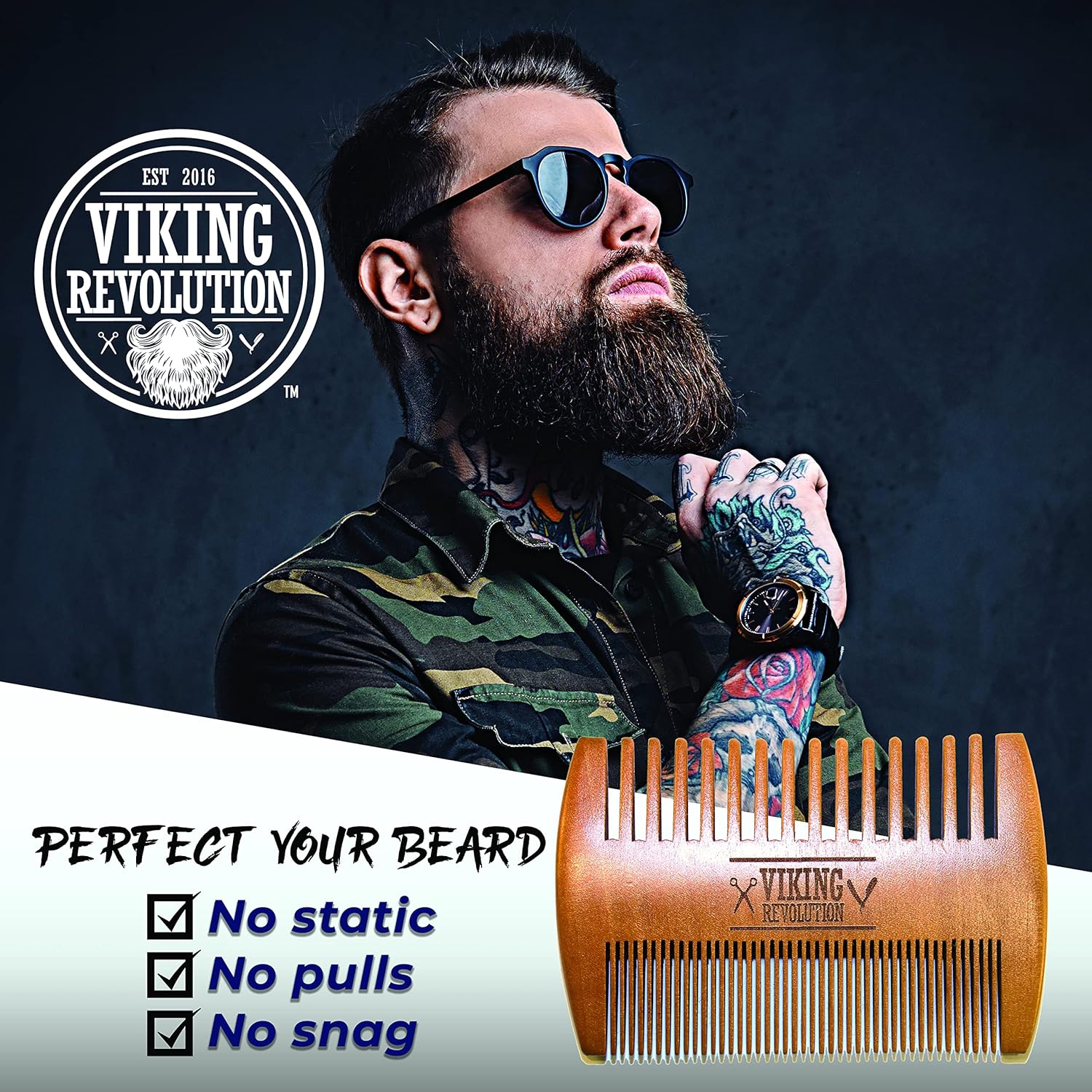 Wooden Beard Comb & Case, Dual Action Fine & Coarse Teeth, Perfect for use with Balms and Oils, Top Pocket Comb for Beards & Mustaches by Viking Revolution-4