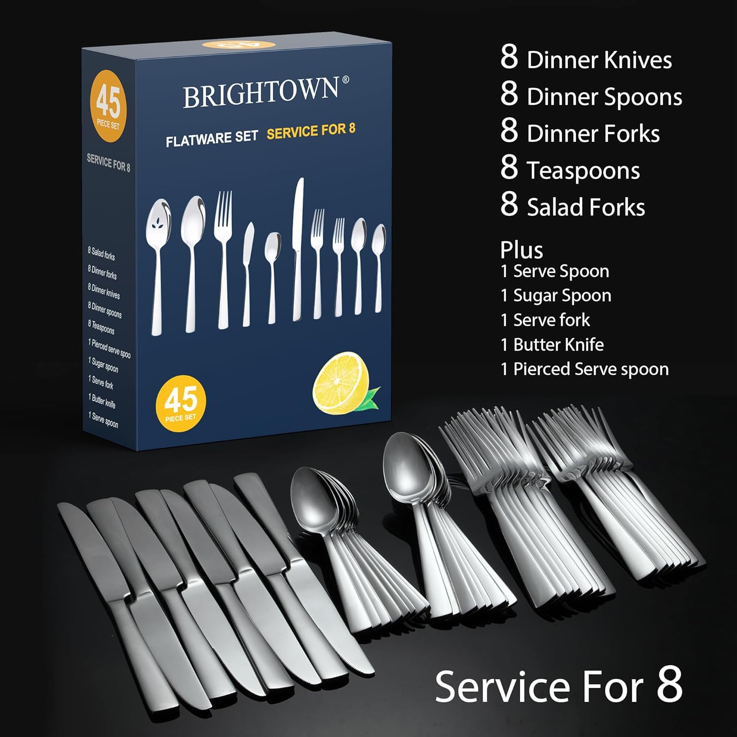 45-Piece Silverware Flatware Cutlery Set Service for 8, Durable 18/0 Stainless Steel Tableware in Ergonomic Design Size and Weight, Dishwasher Safe-1