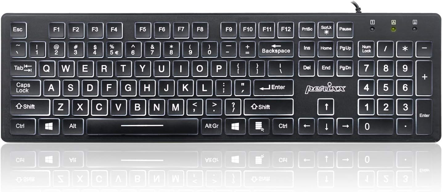 Perixx PERIBOARD-317 Wired Backlit USB Keyboard, Big Print Letter with White Illuminated LED, US English Layout,Black-0