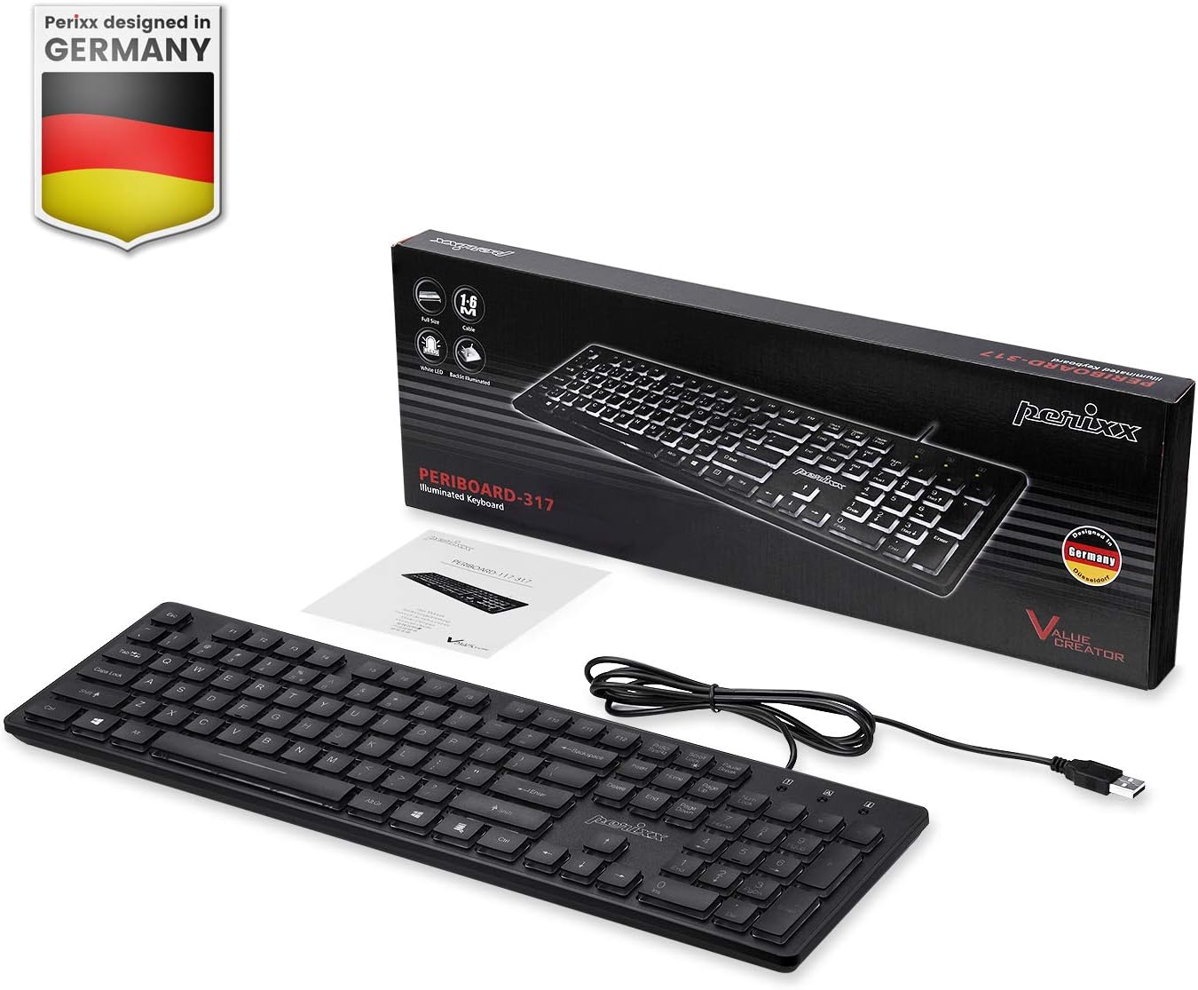 Perixx PERIBOARD-317 Wired Backlit USB Keyboard, Big Print Letter with White Illuminated LED, US English Layout,Black-5