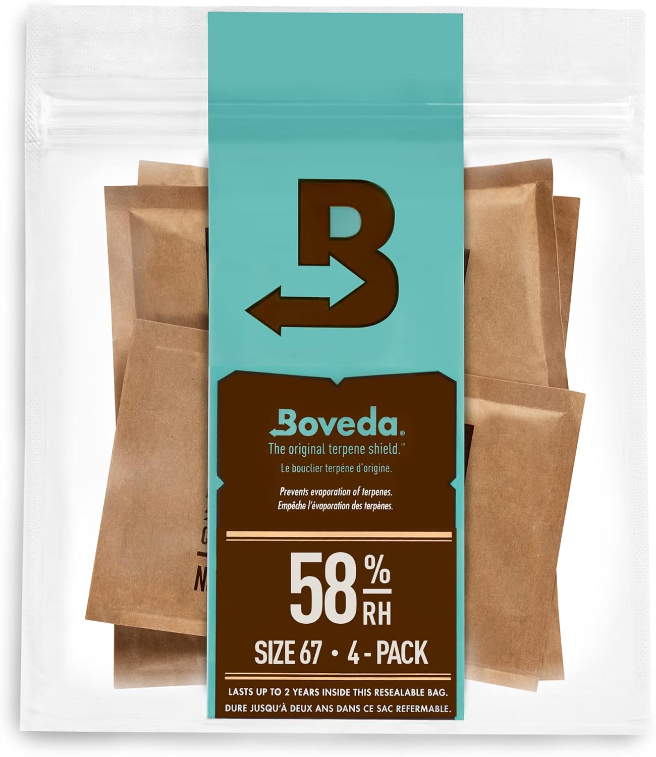 Boveda 58% Two-Way Humidity Control Packs For Storing 1 lb – Size 67 – 4 Pack – Moisture Absorbers for Storage Containers – Humidifier Packs – Hydration Packets in Resealable Bag