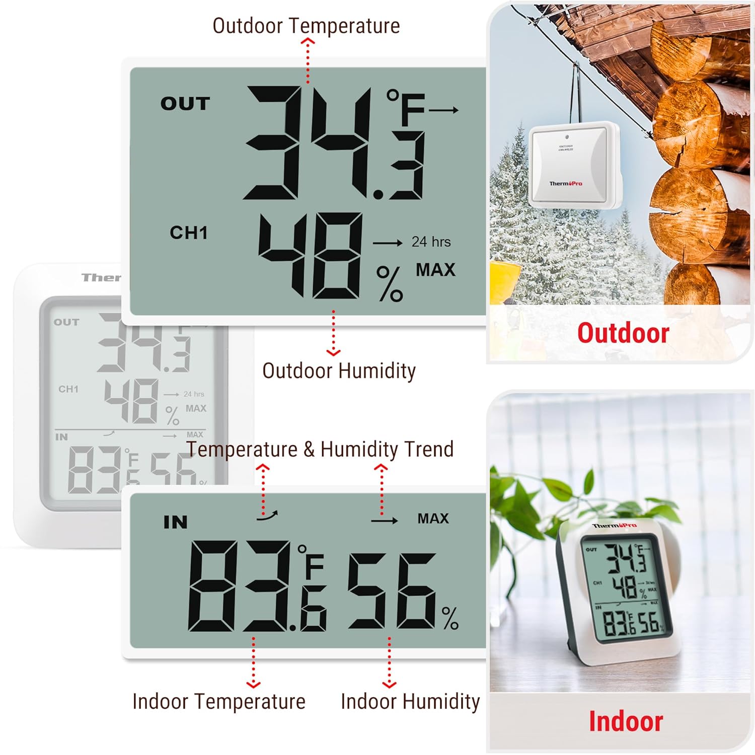 ThermoPro TP60 Digital Hygrometer Indoor Outdoor Thermometer Wireless Temperature and Humidity Gauge Monitor Room Thermometer with 500ft/150m Range Humidity Meter-8