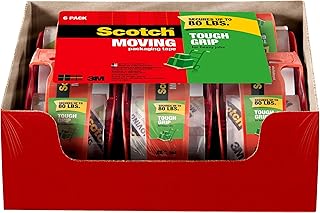 Scotch Tough Grip Moving Packing Tape, Clear, Moving Tape That Secures Boxes up to 80 Pounds, Moving Supplies, 1.88 in. x 22.2 yd., 6 Tape Rolls with Dispensers