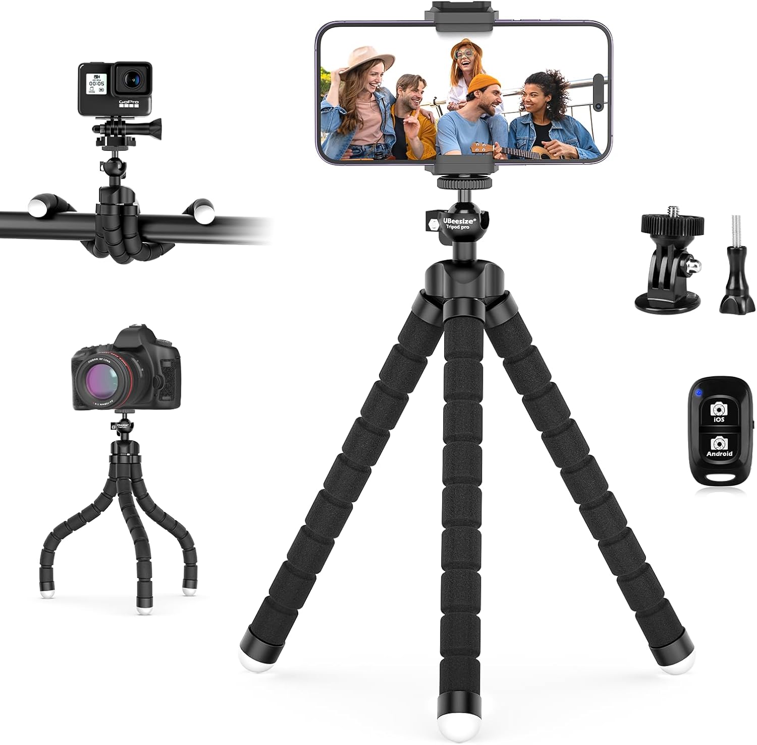 UBeesize Flexible Mini Phone Tripod, Portable and Adjustable Camera Stand Holder with Wireless Remote and Universal Clip, Compatible with Cellphones, Sports Cameras-0