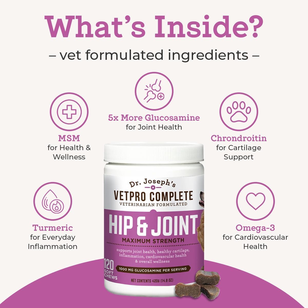 VetPro Dog Hip and Joint Supplement - Pain and Inflammation Relief Chews with Glucosamine, Chondroitin, MSM, Turmeric, Vitamin C, Omega 3 - Treats Hip Dysplasia, Arthritis - Dogs Chewable Supplements-3