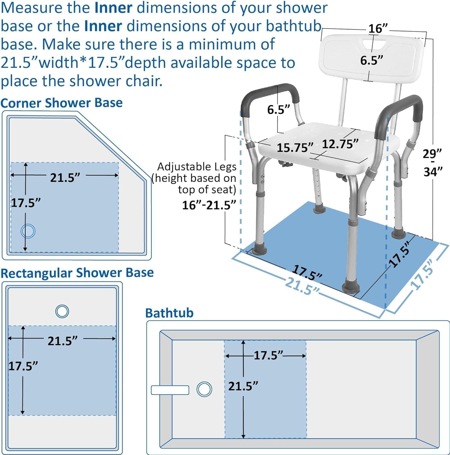 Vaunn Shower Chair Bath Seat with Padded Arms, Removable Back and Adjustable Legs for Bathtub Safety and Supports Weight up to 350 lbs-2