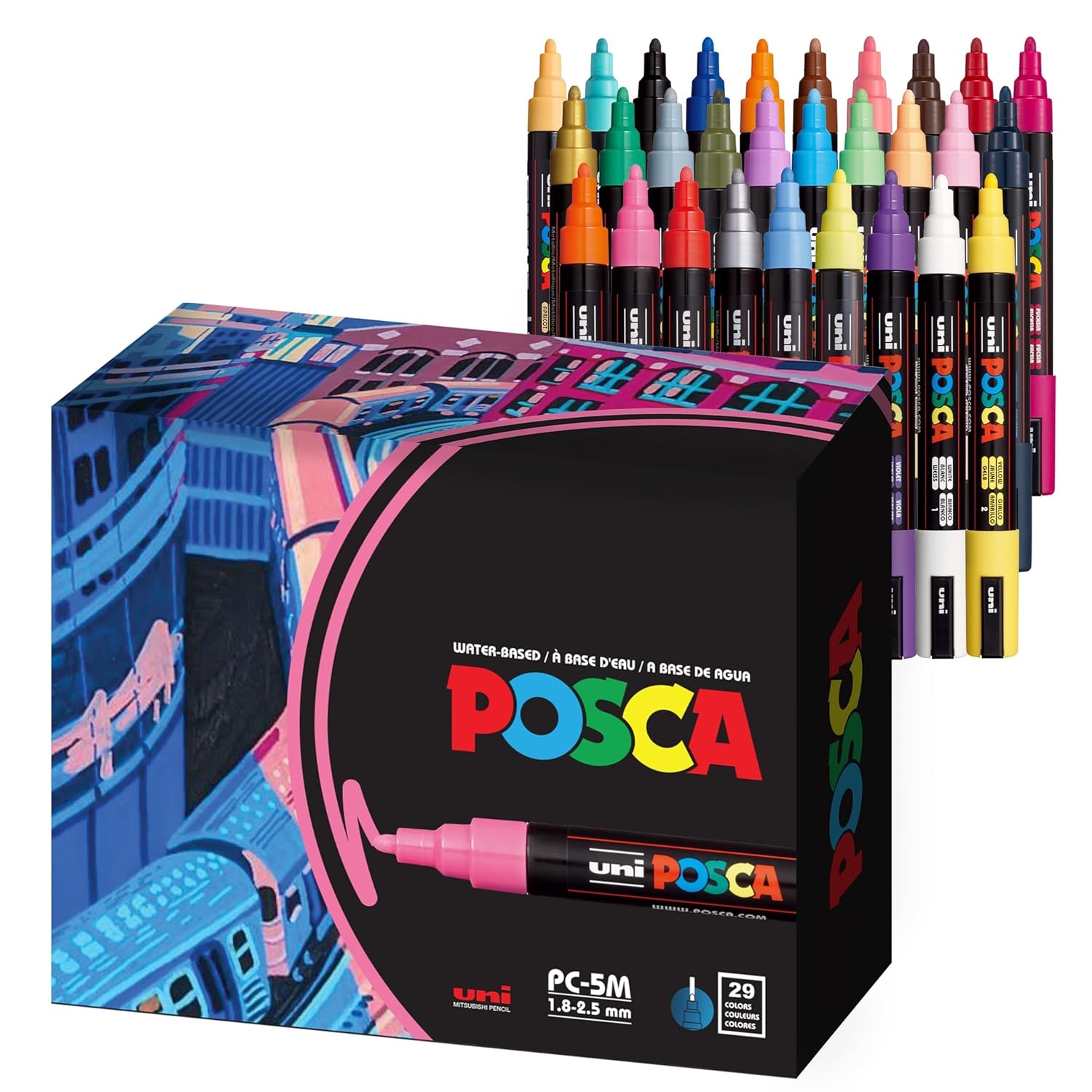 29 Medium Posca Markers with 5M Reversible Tips - Coloring Markers, Set of Acrylic Paint Pens for Art Supplies, Fabric Paint, Fabric/Art Markers-0