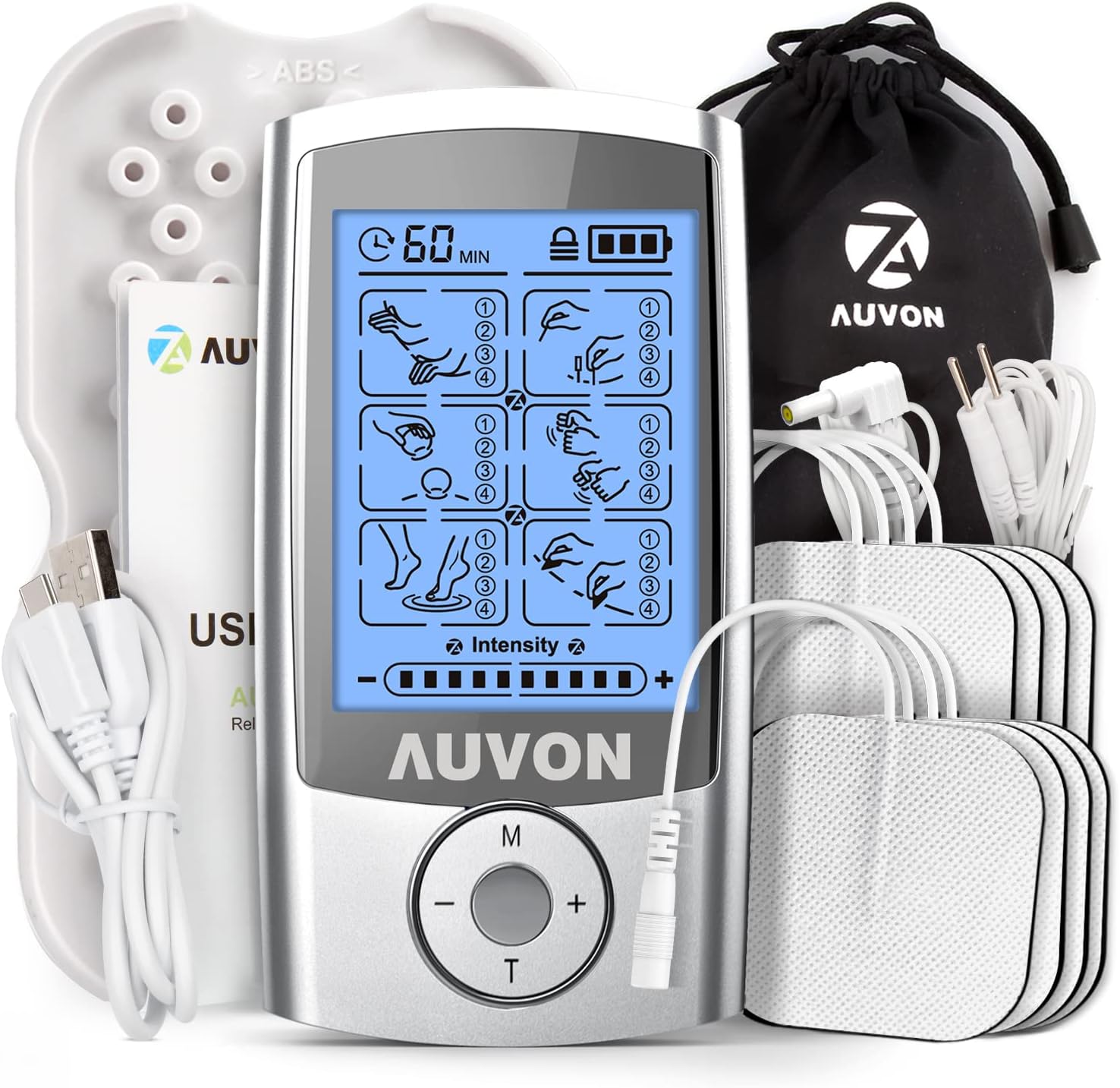 AUVON Rechargeable TENS Unit Muscle Stimulator, 24 Modes 4th Gen TENS Machine with 8pcs 2"x2" Premium Electrode Pads for Pain Relief-0