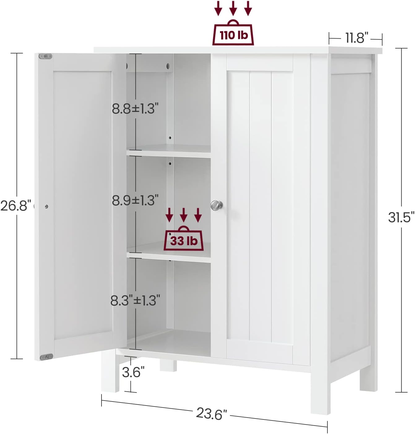 VASAGLE Bathroom Floor Storage Cabinet, Bathroom Storage Unit with 2 Adjustable Shelves, Bathroom Cabinet Freestanding, 11.8 x 23.6 x 31.5 Inches, White UBCB60W-2