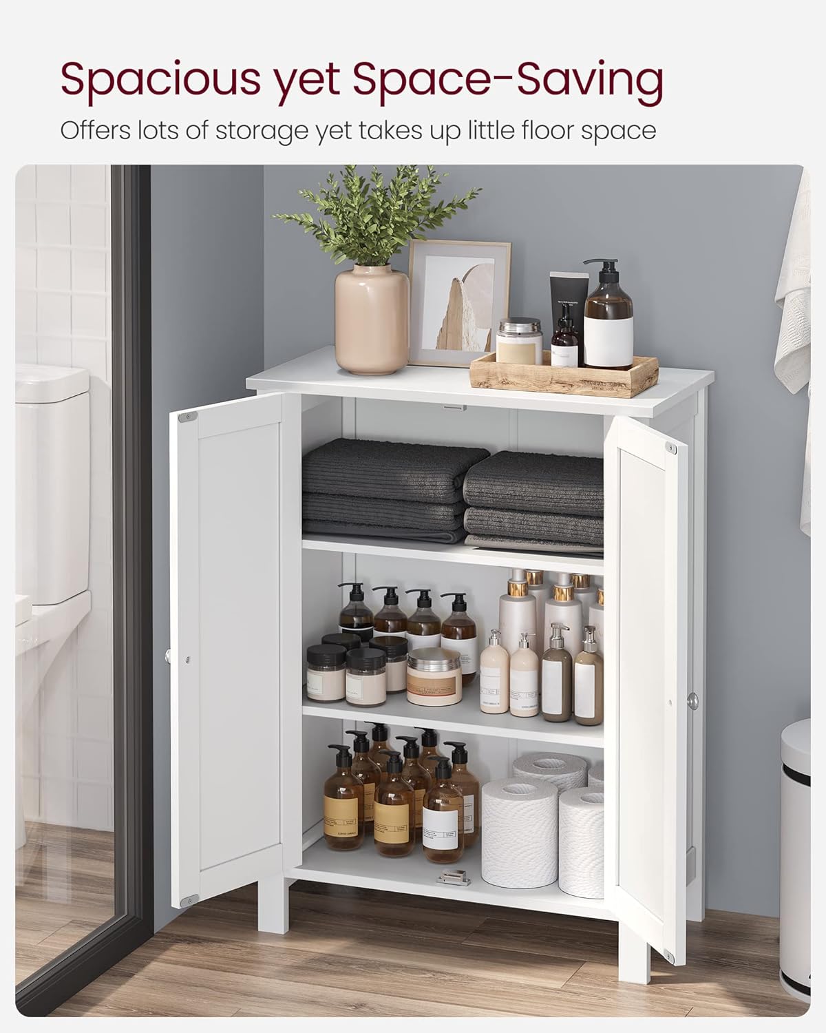 VASAGLE Bathroom Floor Storage Cabinet, Bathroom Storage Unit with 2 Adjustable Shelves, Bathroom Cabinet Freestanding, 11.8 x 23.6 x 31.5 Inches, White UBCB60W-3