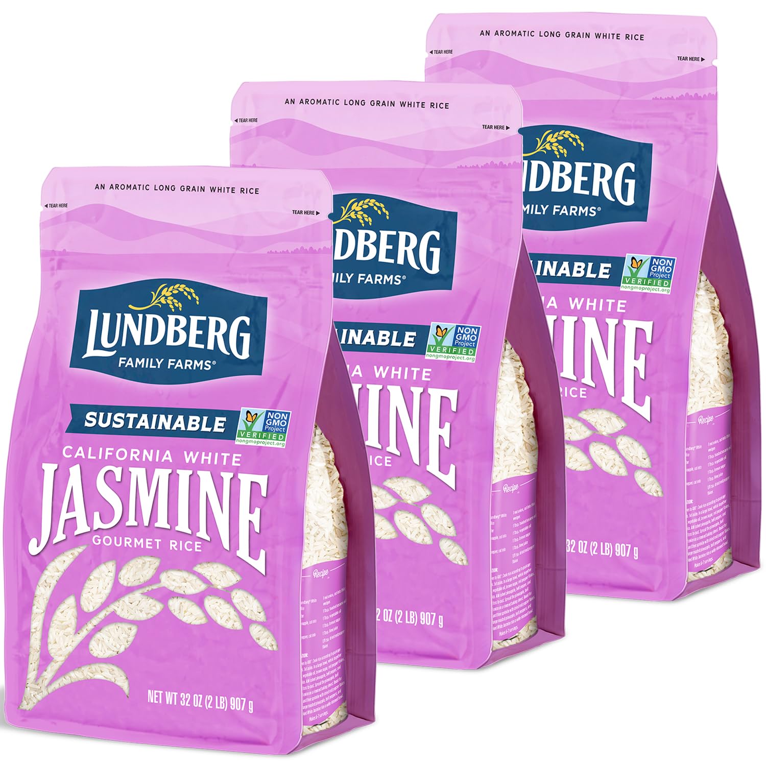 Lundberg Jasmine Rice, Long Grain White Rice - Non-Sticky, Fluffy Aromatic Rice, Sustainably Grown in California, Pantry Staples, 32 Oz (Pack of 3)-0