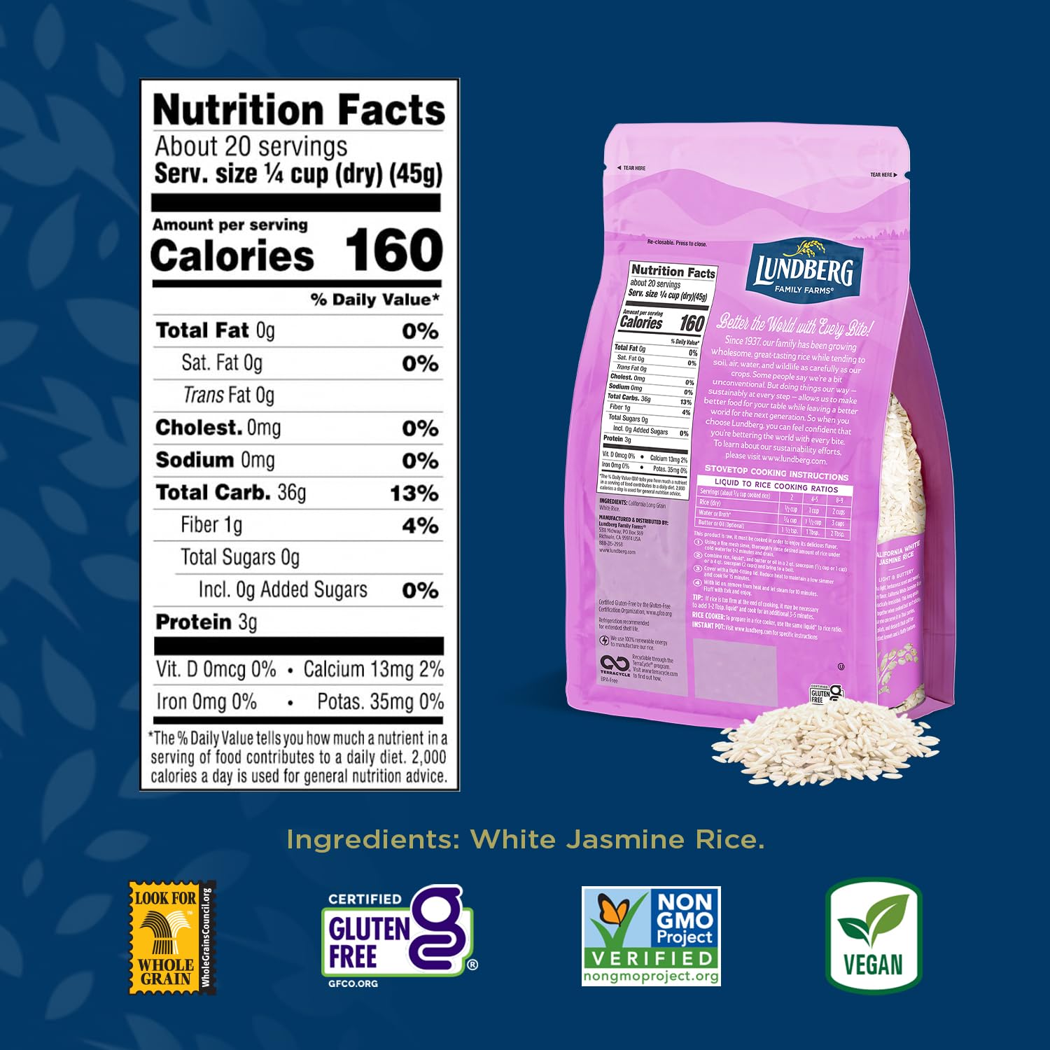 Lundberg Jasmine Rice, Long Grain White Rice - Non-Sticky, Fluffy Aromatic Rice, Sustainably Grown in California, Pantry Staples, 32 Oz (Pack of 3)-2