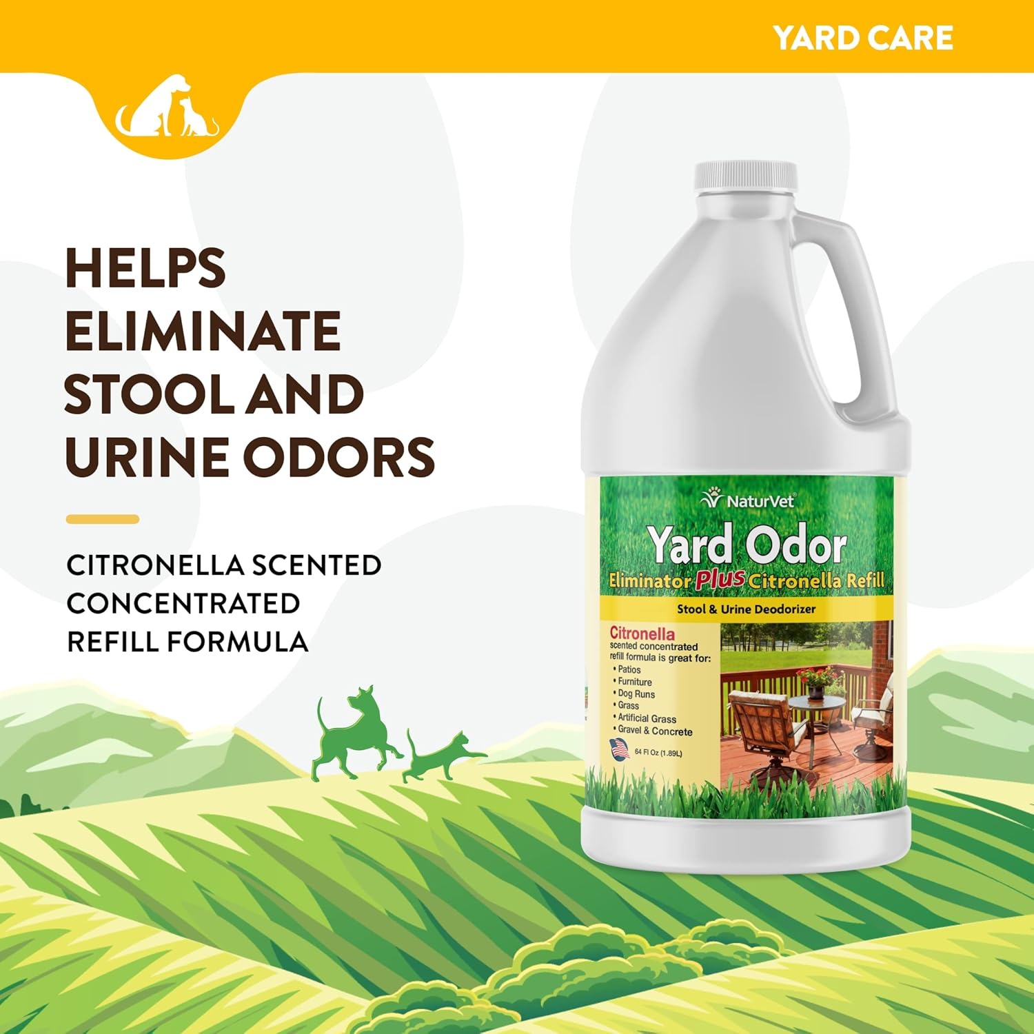 NaturVet – Yard Odor Eliminator Plus Citronella Spray – Eliminate Stool and Urine Odors from Lawn and Yard – Designed for Use on Grass, Patios, Gravel, Concrete & More – 64oz Refill (No Hose Nozzle)-1