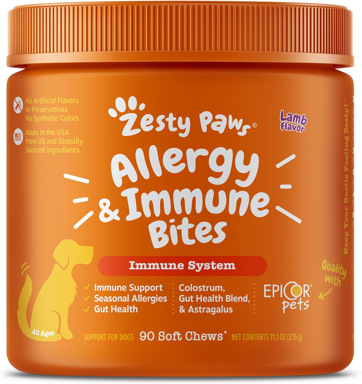 Zesty Paws Dog Allergy Relief - Anti Itch Supplement - Omega 3 Probiotics for Dogs - Digestive Health - Soft Chews for Skin & Seasonal Allergies - with Epicor Pets - Lamb - 90 Count-0