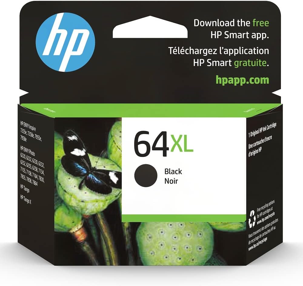 HP 64XL Black High-yield Ink Cartridge | Works with HP ENVY Inspire 7950e; ENVY Photo 6200, 7100, 7800; Tango Series | Eligible for Instant Ink | N9J92AN-0