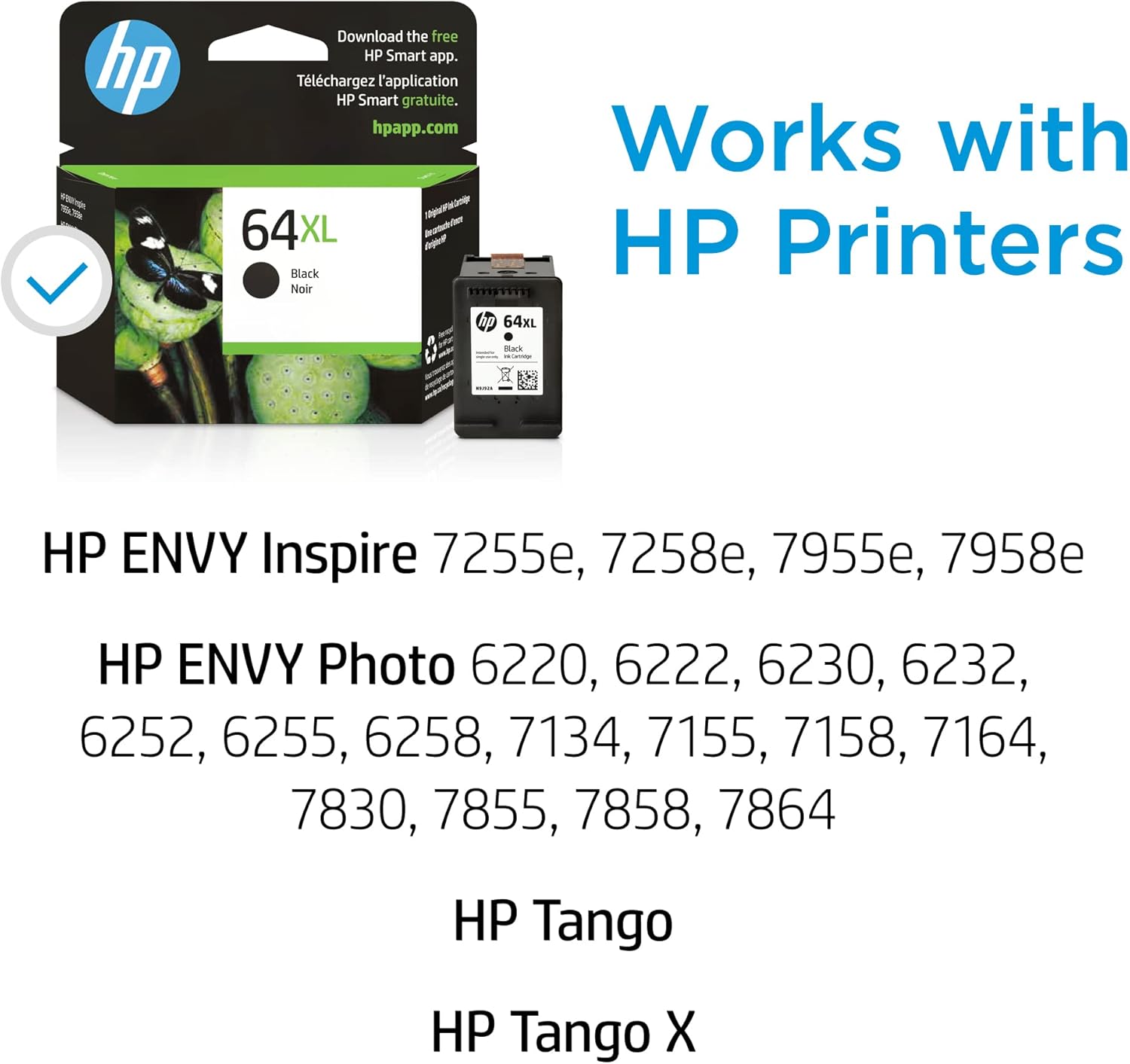 HP 64XL Black High-yield Ink Cartridge | Works with HP ENVY Inspire 7950e; ENVY Photo 6200, 7100, 7800; Tango Series | Eligible for Instant Ink | N9J92AN-1