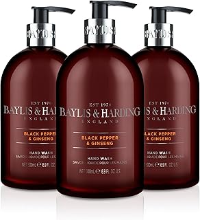 Baylis & Harding Liquid Hand Soap Wash with Dispenser, Black Pepper & Ginseng for Men, 16.9oz/500ml (3-Pack)