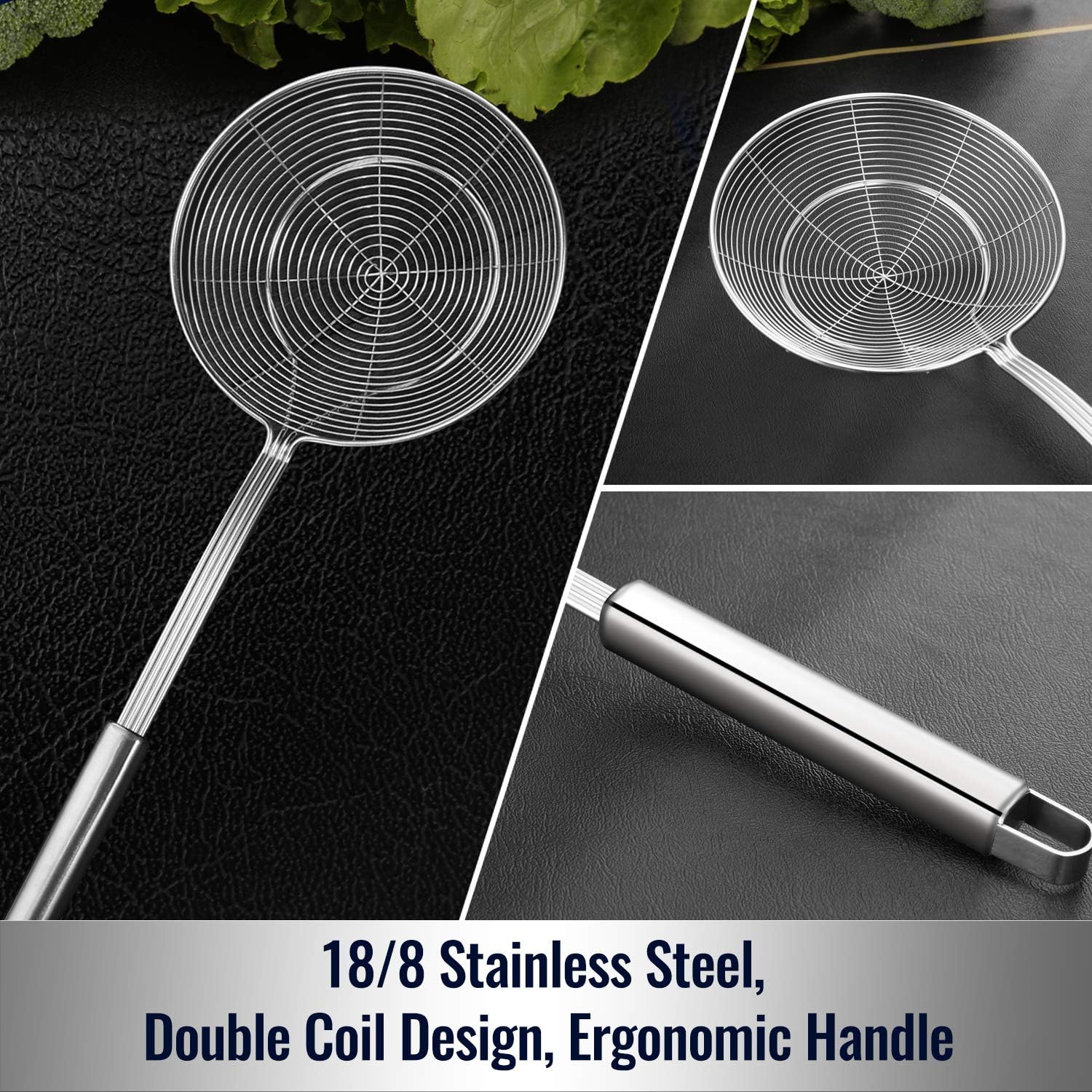 Hiware Solid Stainless Steel Spider Strainer Skimmer Ladle for Cooking and Frying, Kitchen Utensils Wire Strainer Pasta Strainer Spoon, 5.4 Inch-2