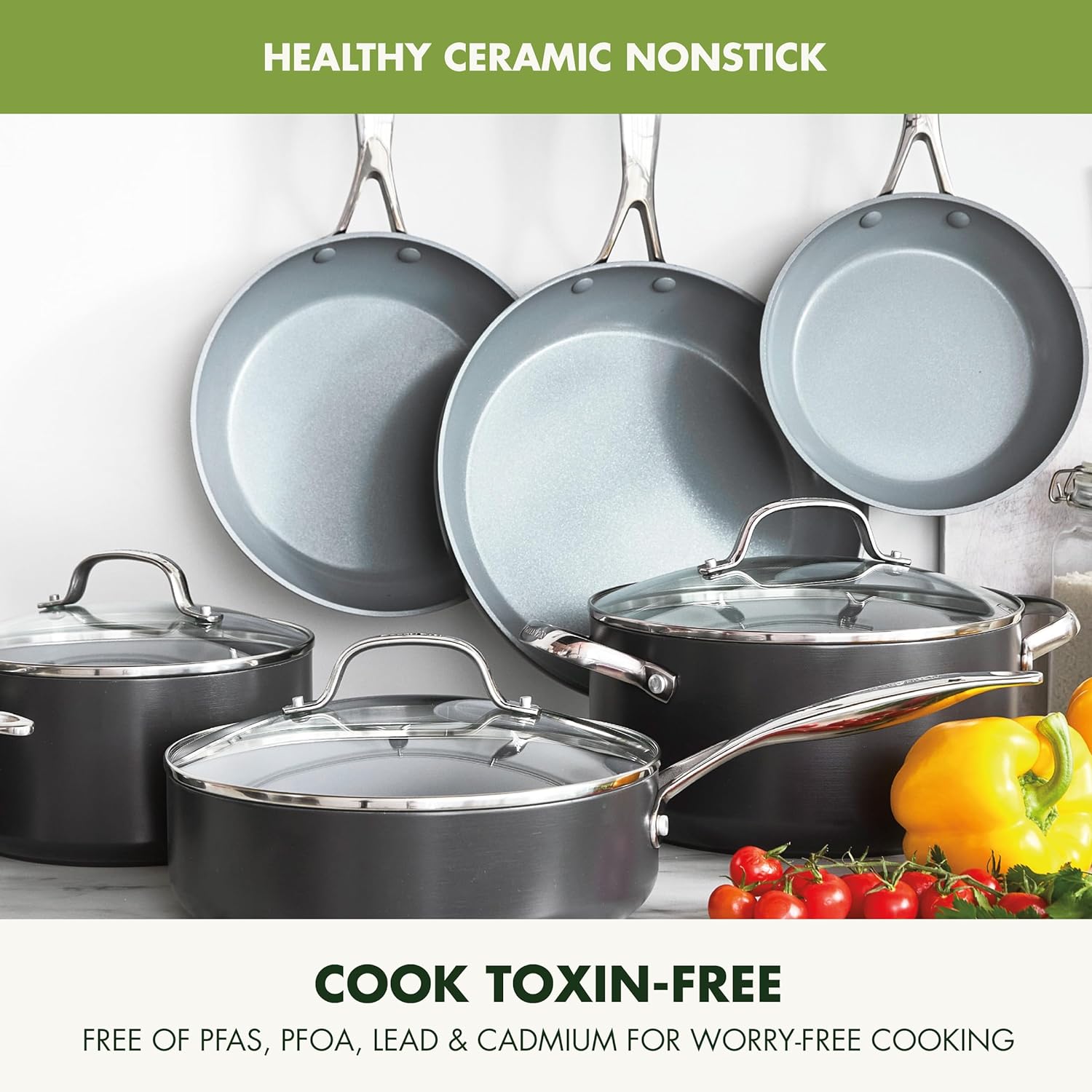 GreenPan Valencia Pro Hard Anodized 11 Piece Cookware Pots and Pans Set, Ceramic Nonstick PFAS-Free PFOA-Free Coating, Induction, Durable Frying Pans, Saucepans, Lids, Dishwasher & Oven Safe, Gray-1