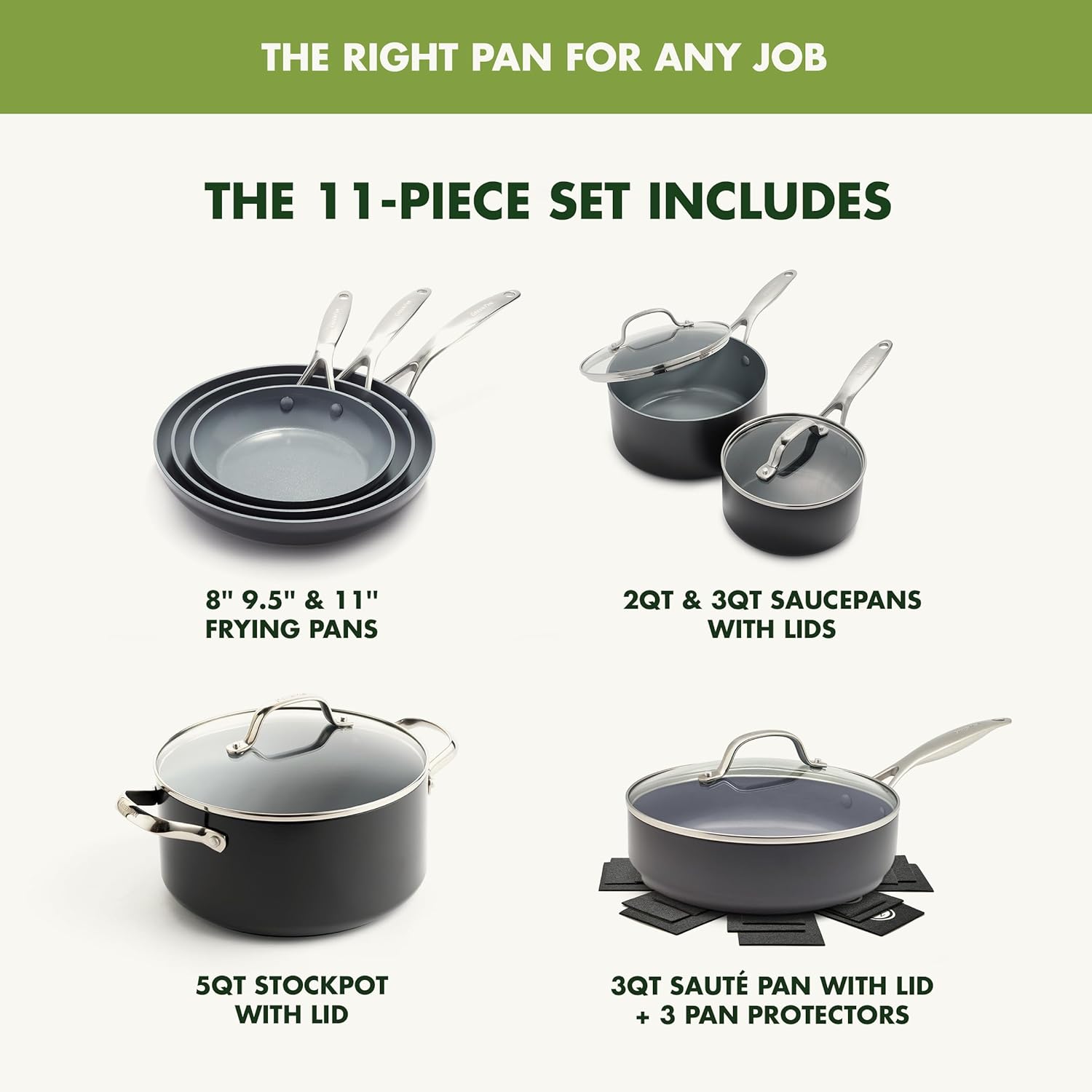 GreenPan Valencia Pro Hard Anodized 11 Piece Cookware Pots and Pans Set, Ceramic Nonstick PFAS-Free PFOA-Free Coating, Induction, Durable Frying Pans, Saucepans, Lids, Dishwasher & Oven Safe, Gray-2