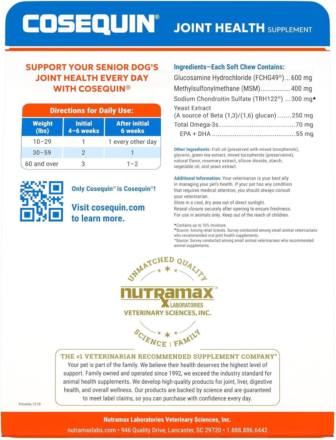 Cosequin Senior Joint Health Supplement for Senior Dogs - With Glucosamine, Chondroitin, Omega-3 for Skin and Coat Health and Beta Glucans for Immune Support, 60 Soft Chews-1