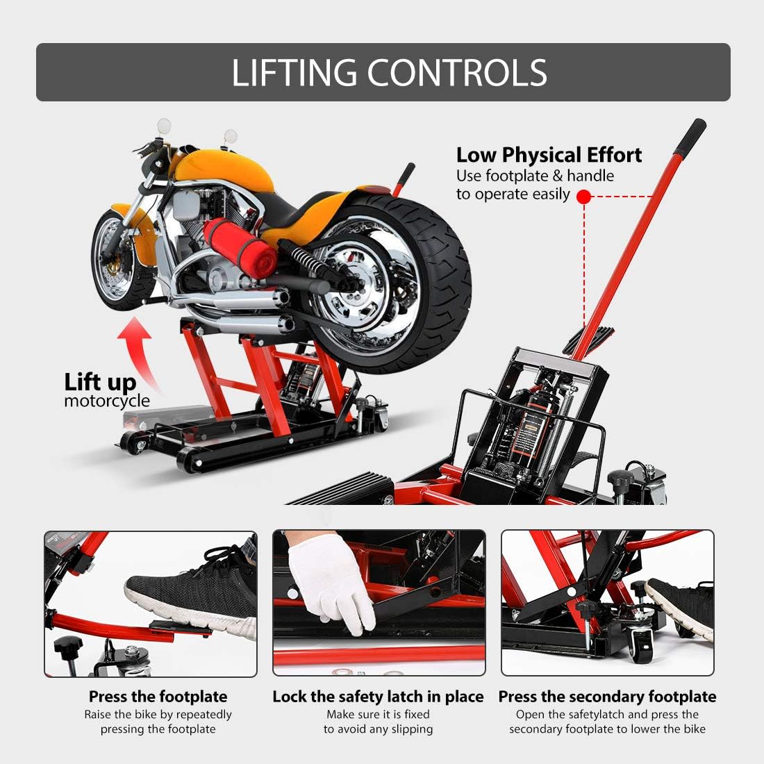 VIVOHOME Hydraulic Motorcycle Lift Jack 1500 LBS Capacity Steel ATV Lifts Stand Hoist with Wheels and Handle for Motorcycles, ATVs, Dirt Bikes Red-1