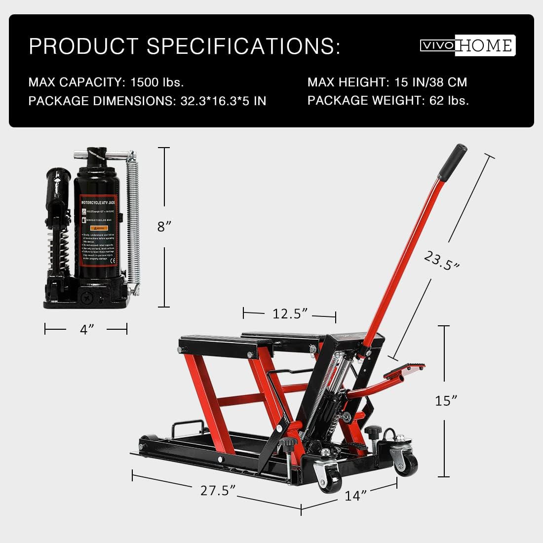 VIVOHOME Hydraulic Motorcycle Lift Jack 1500 LBS Capacity Steel ATV Lifts Stand Hoist with Wheels and Handle for Motorcycles, ATVs, Dirt Bikes Red-5