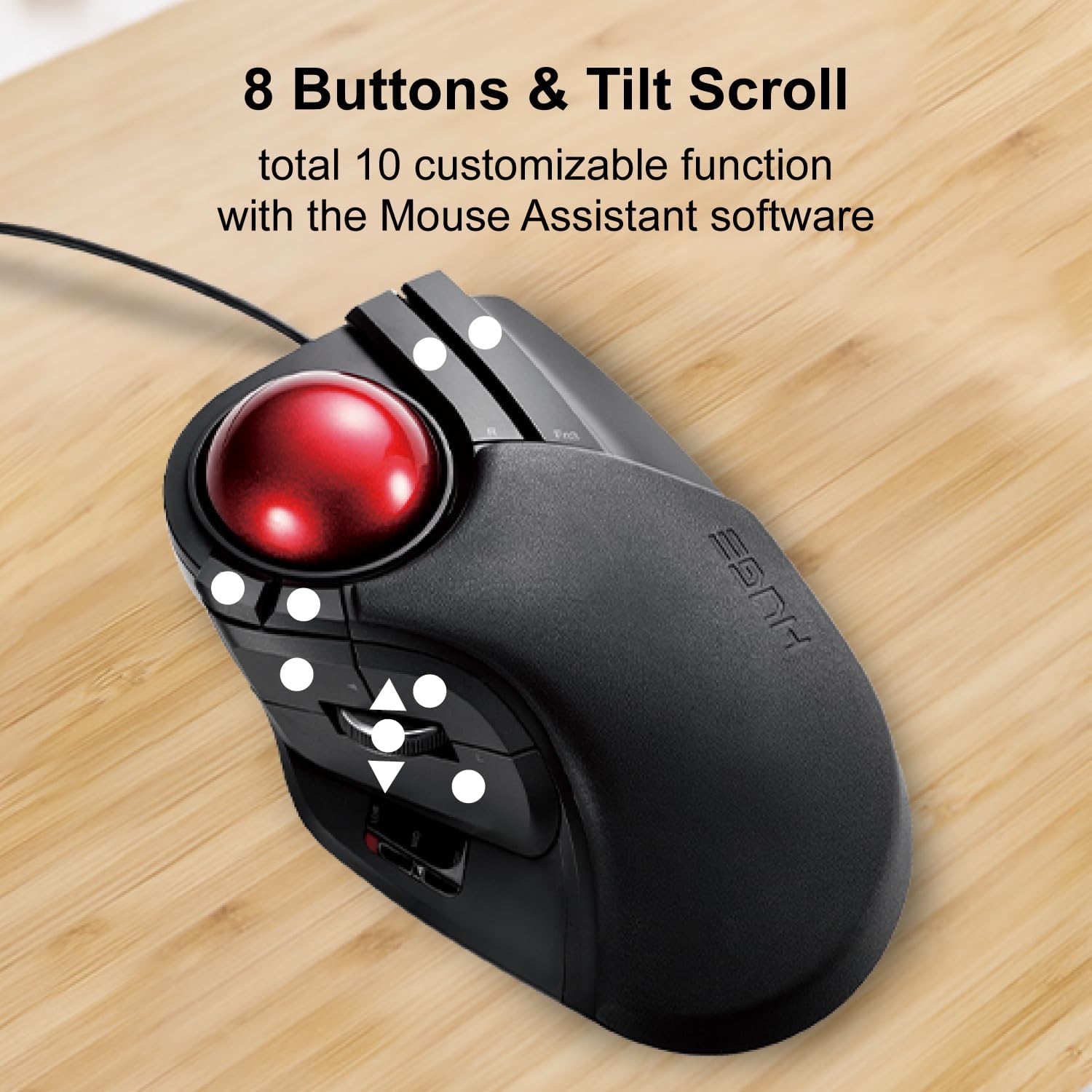 ELECOM HUGE Trackball Mouse, Wired, Finger-Operated, 8-Button Function, Palm Rest Attached, 52mm Smooth Red Ball Windows11, macOS (M-HT1URBK)-5