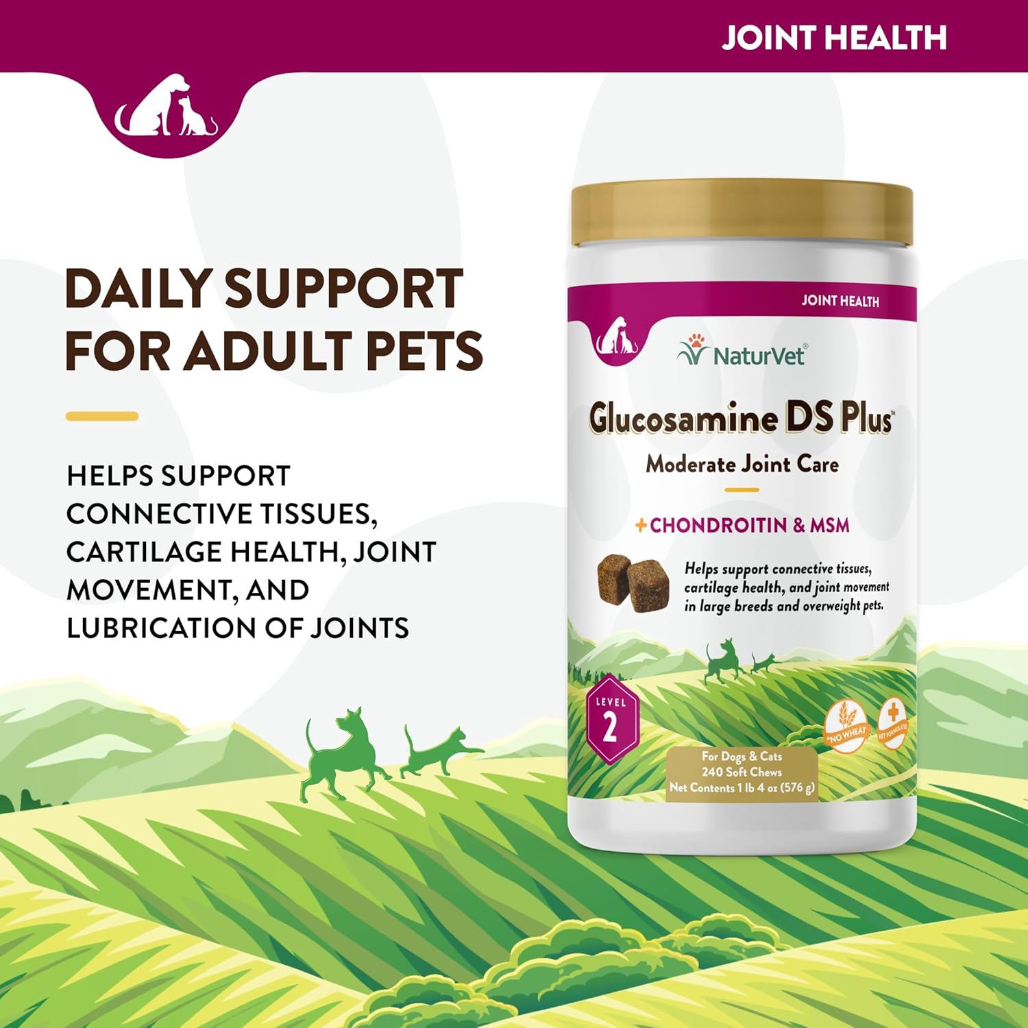 NaturVet – Glucosamine DS Plus - Level 2 Moderate Care – Supports Healthy Hip & Joint Function – Enhanced with Glucosamine, MSM & Chondroitin – for Dogs & Cats – 240 Soft Chews-2