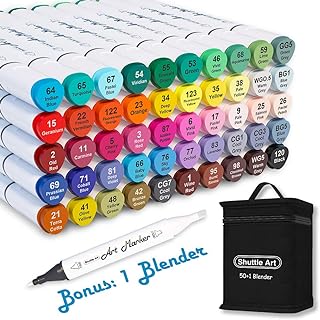 Shuttle Art 51 Colors Dual Tip Alcohol Based Art Markers, 50 Colors plus 1 Blender Permanent Marker Pens Highlighters with Case Perfect for Illustration Adult Coloring Sketching and Card Making…