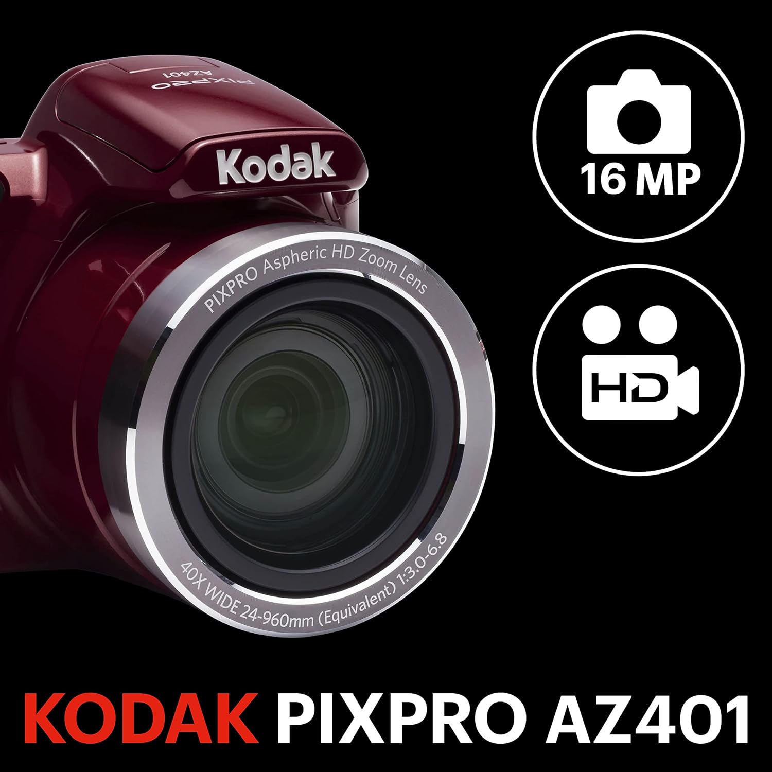 Kodak AZ401RD Point & Shoot Digital Camera with 3" LCD, Red-1