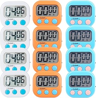 12 Pack Small Digital Kitchen Timer Magnetic Back and ON/Off Switch,Minute Second Count Up Countdown（White,Blue,Orange