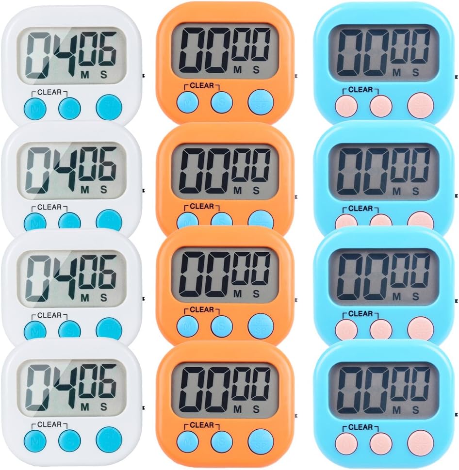 12 Pack Small Digital Kitchen Timer Magnetic Back and ON/Off Switch,Minute Second Count Up Countdown（White,Blue,Orange-0