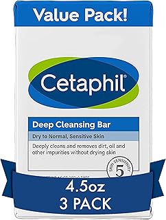 Cetaphil Bar Soap, Deep Cleansing Face and Body Bar, Pack of 3, For Dry to Normal, Sensitive Skin, Soap Free, Hypoallergenic, Paraben Free, Removes Makeup, Dirt and Oil